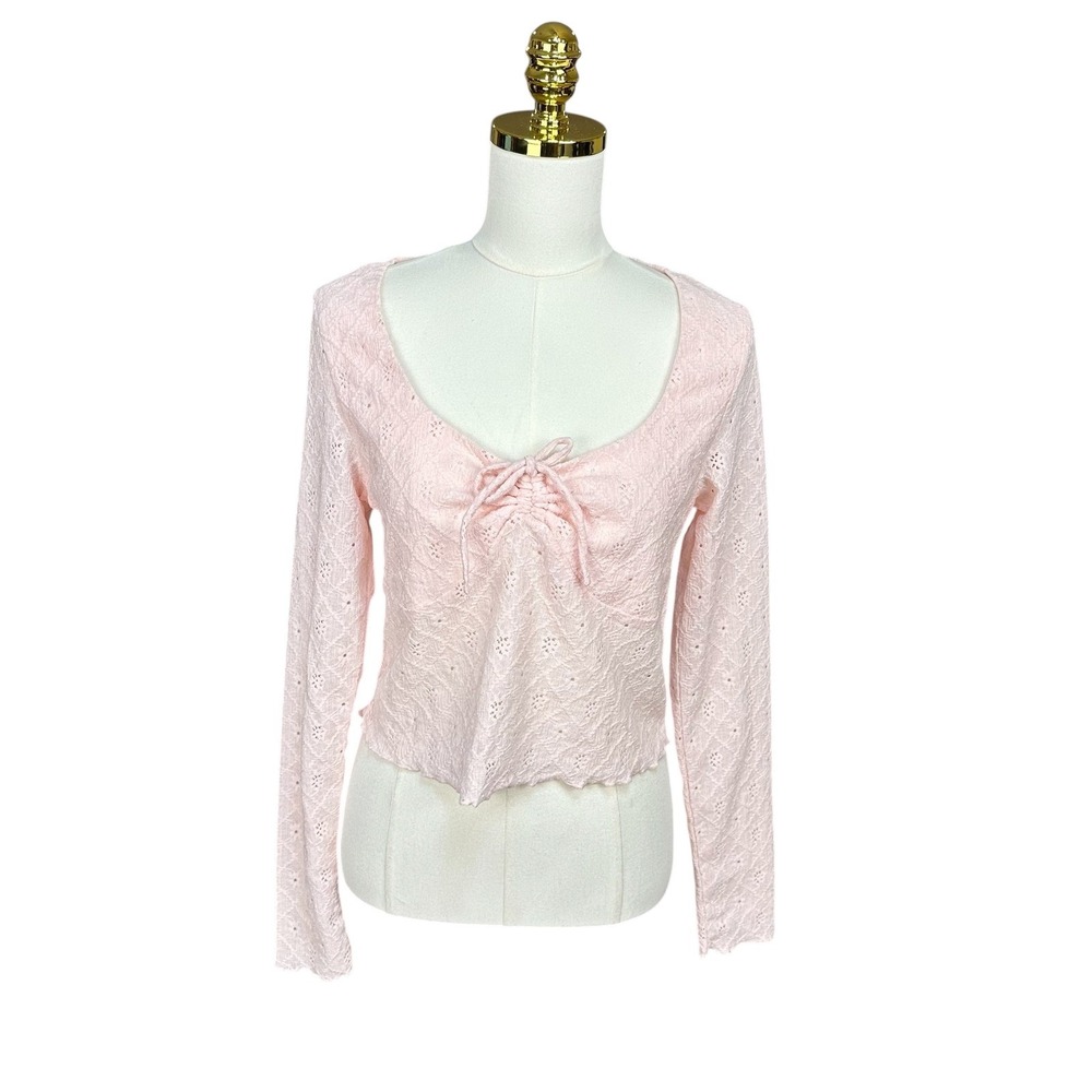Cotton On Pink Eyelet Lace Tie Front Long Sleeve Top Size LG Coquette Romantic